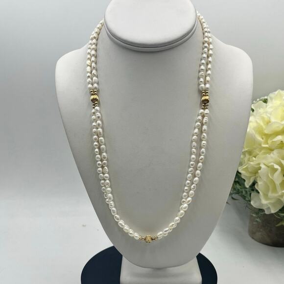 14k‎ Yellow Gold Two Strand Potato Freshwater Pearl Gold Beaded
Necklace - Picture 1 of 9